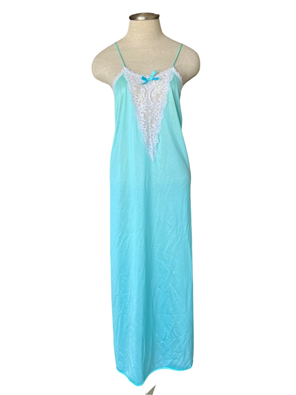 Authentic Vintage Late 70s Teal Nightgown Lace Bow accent